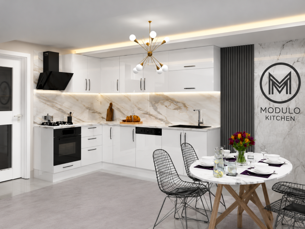 MODULO KITCHEN 044 – Готов кухненски комплект с кафяв ъглов модул 300x180 см