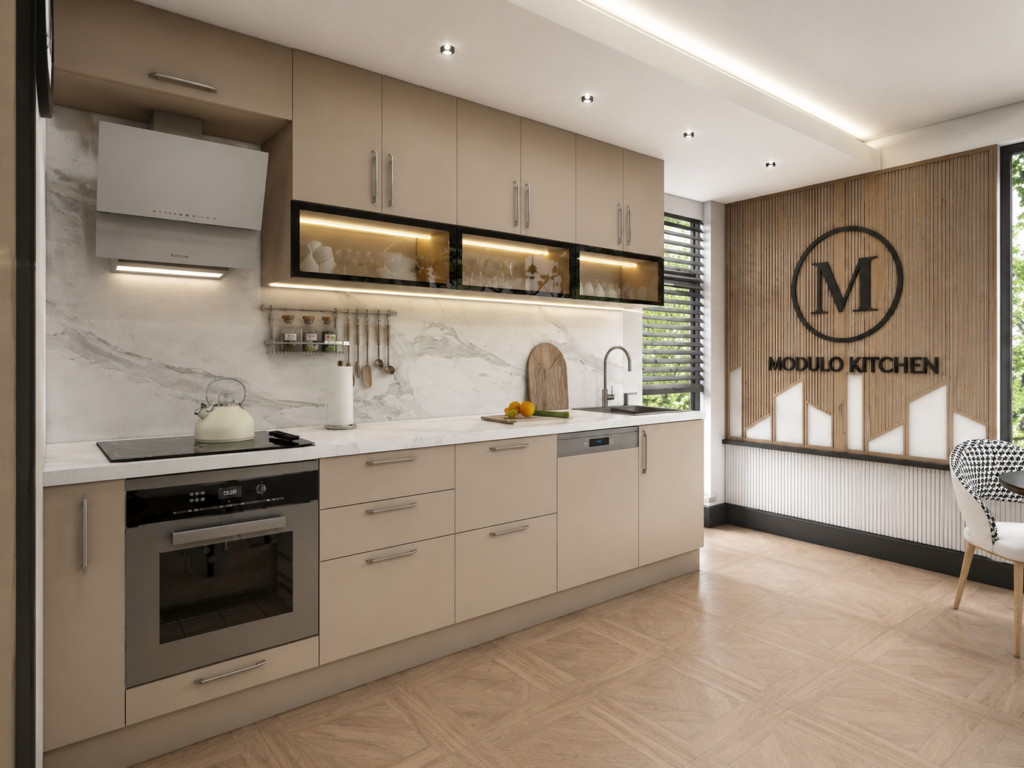 MODULO KITCHEN 041 – Готов кухненски комплект с кафяв ъглов модул 320x220 см