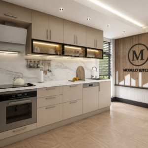 MODULO KITCHEN 041 – Готов кухненски комплект с кафяв ъглов модул 320x220 см
